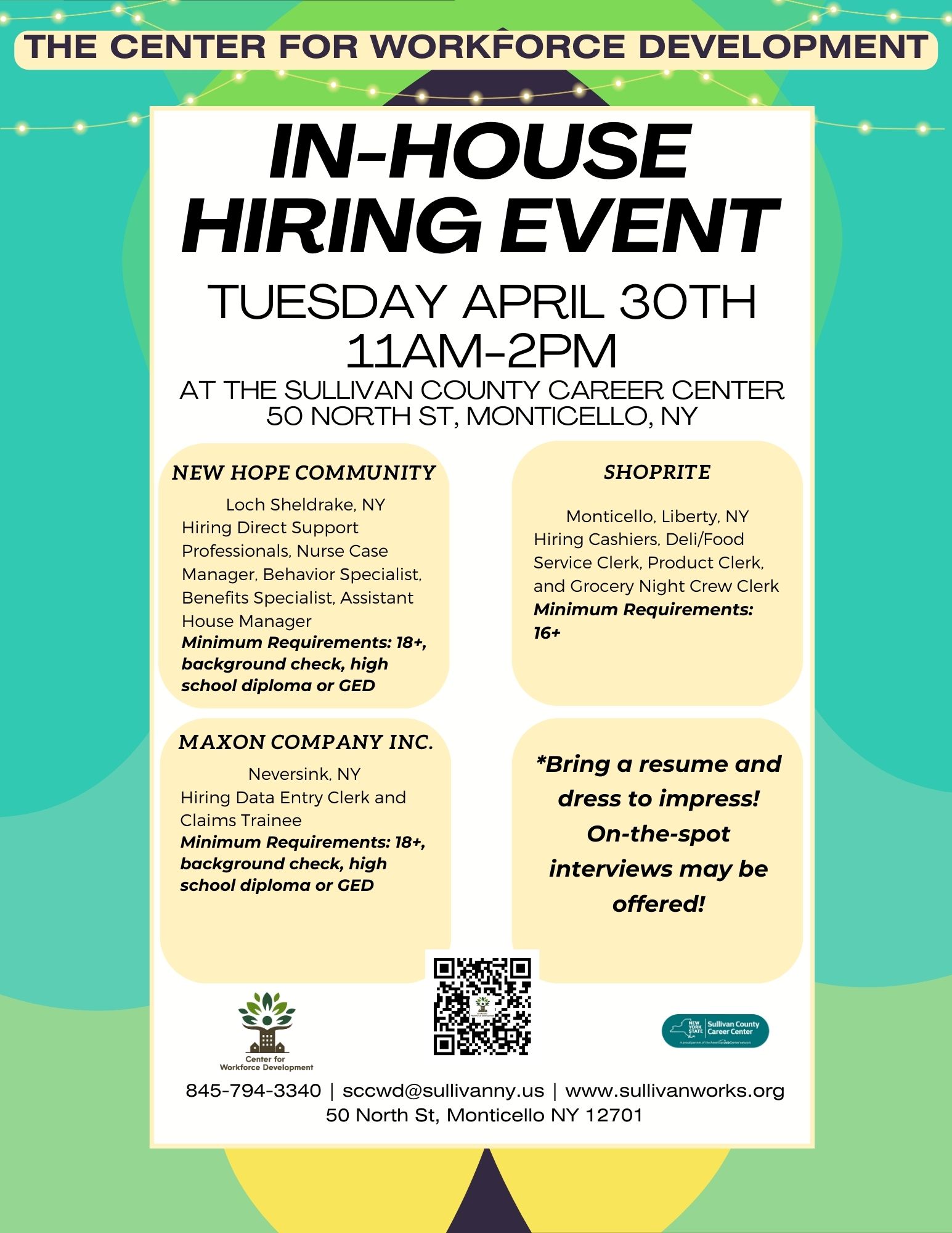 Hiring event flyer for April 30th 2024 featuring New Hope Community, Maxon Co, and Shoprite