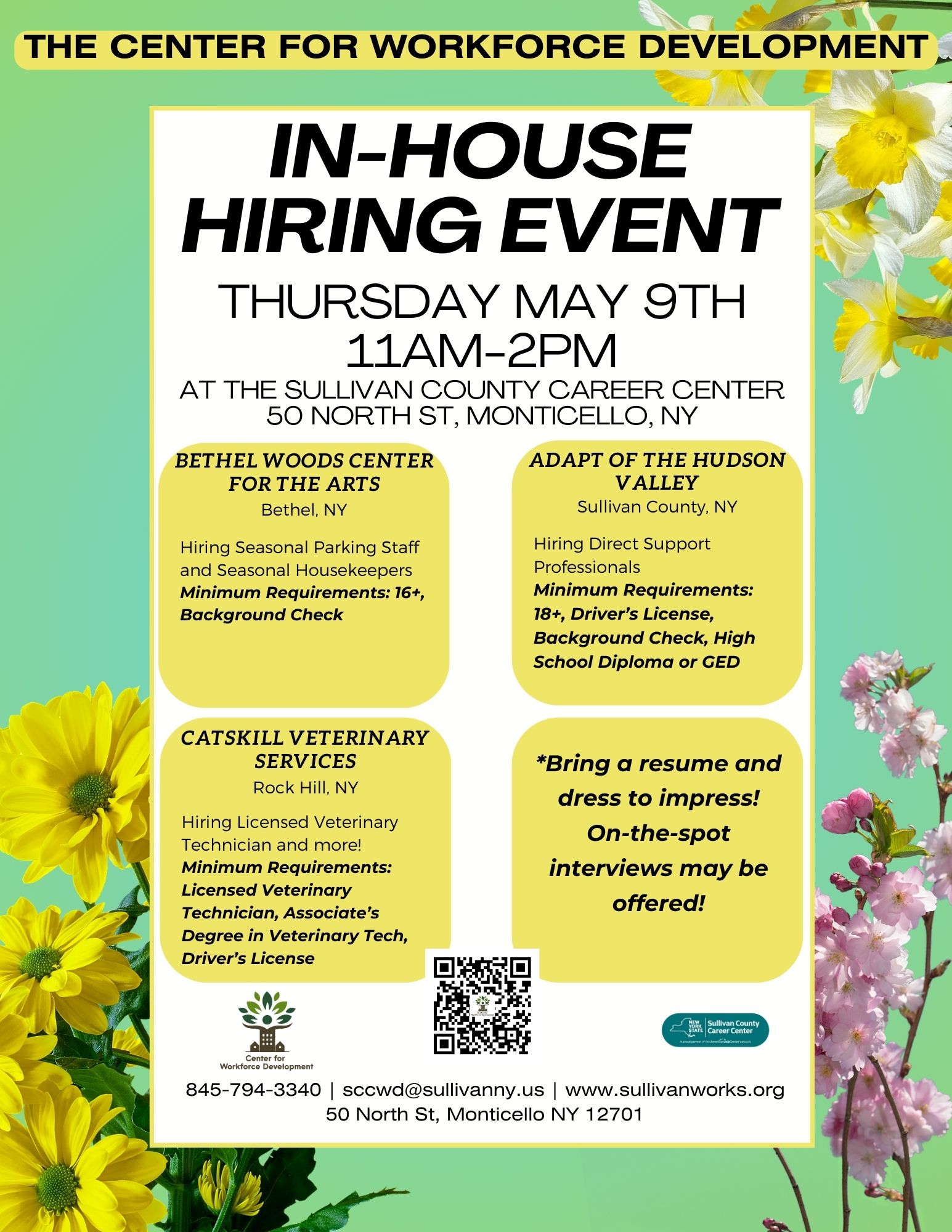 In House Hiring Event flyer for event on May 9th 2024 featuring Bethel Woods Center for the Arts, Catskill Veterinary Services, and Adapt of the Hudson Valley